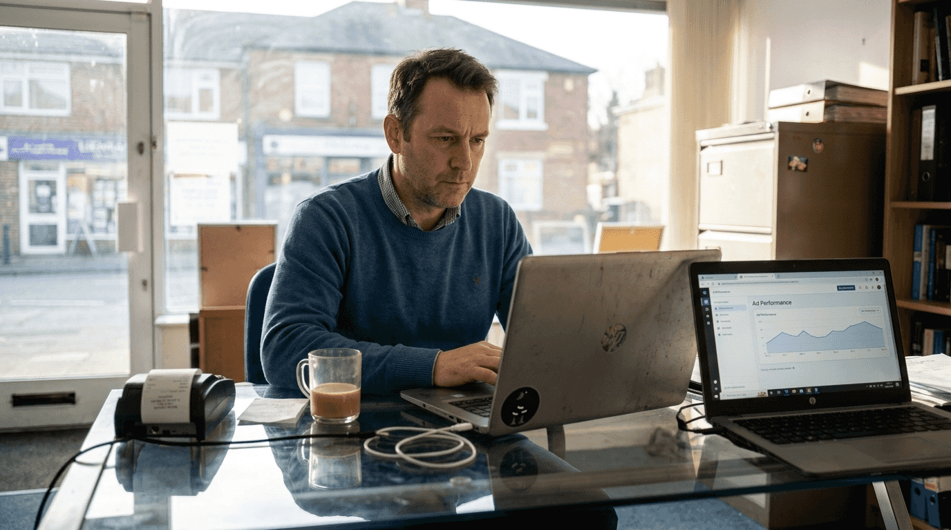 Business owner checking Google Ads dashboard