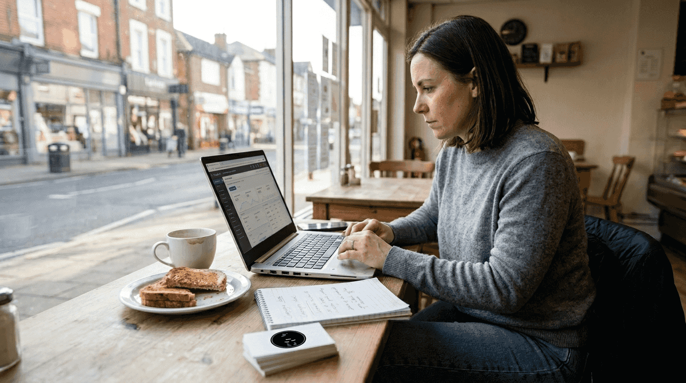 Bakery owner reviews Google Ads on laptop