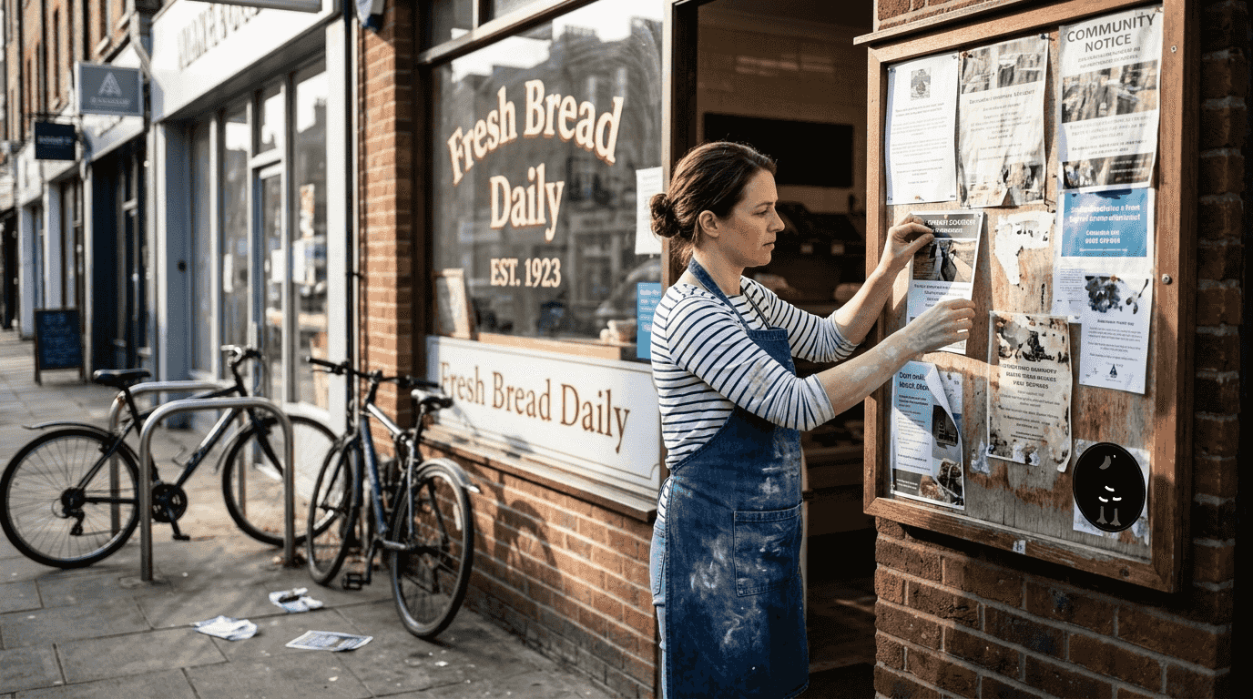 Bakery owner posting street advertisement in London