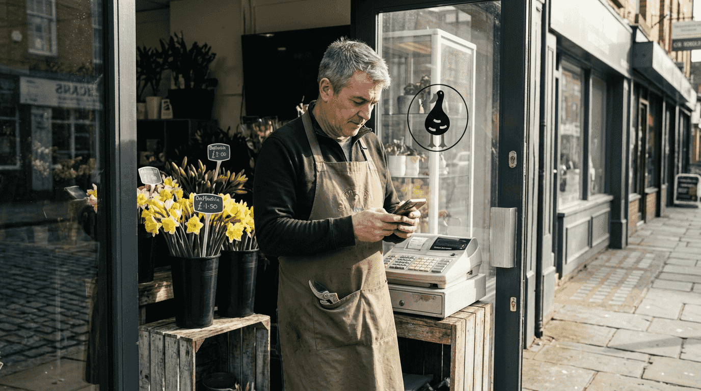 Shop owner checking search ads on smartphone