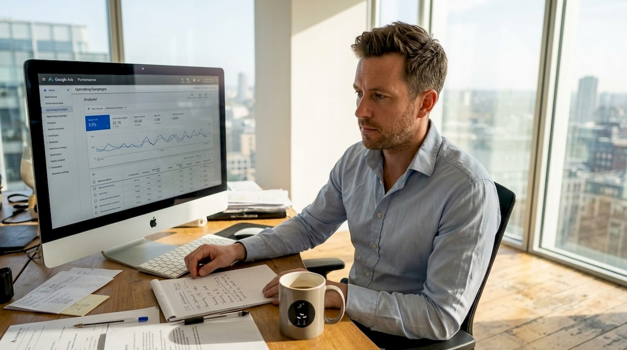 Local business owner reviewing Google Ads metrics