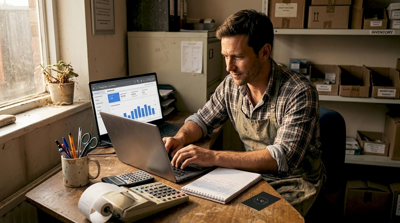 Business owner reviewing Google Ads dashboard