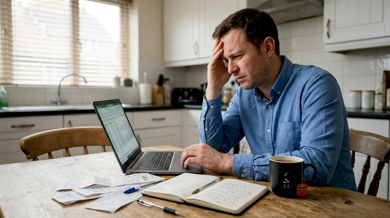 Small business owner at cluttered table stressed over Google Ads