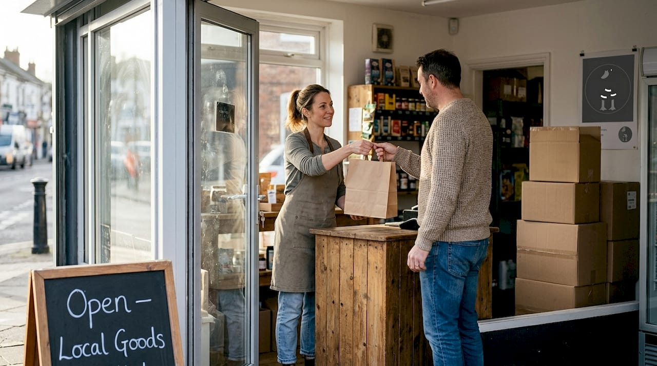 Shop owner serves customer at local storefront