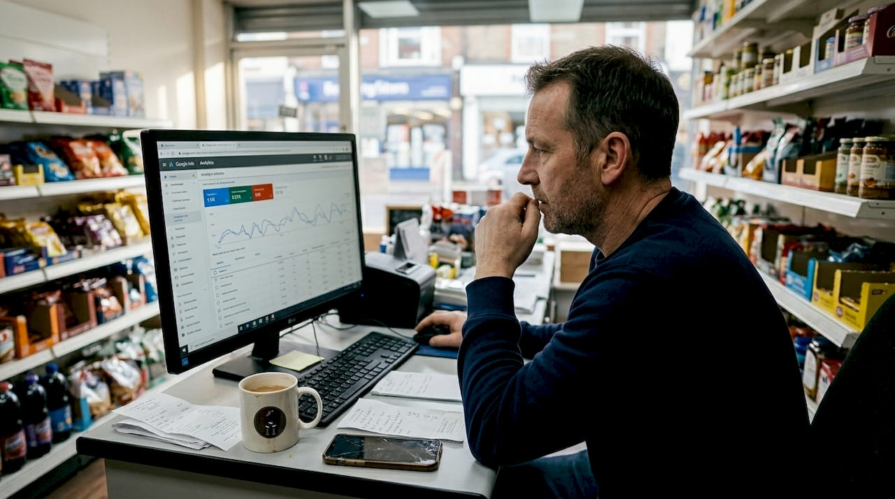 Shop owner reviews Google Ads budget data