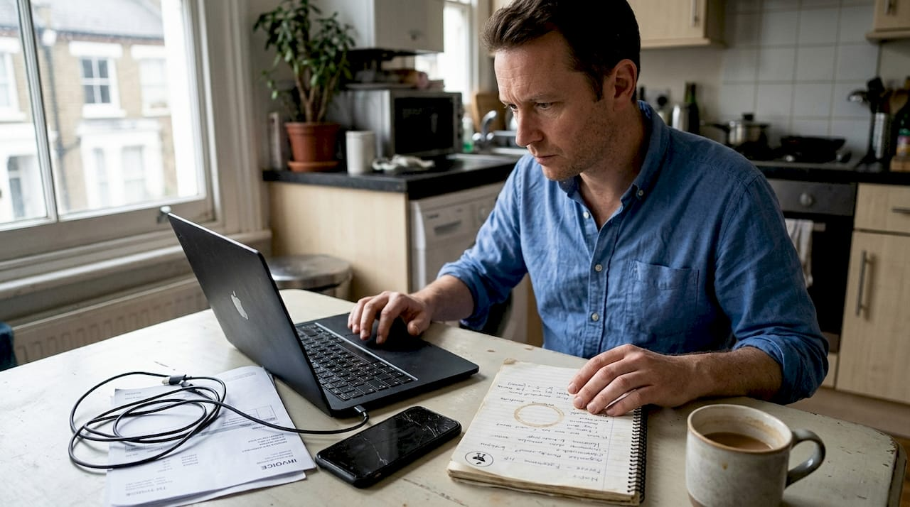 Entrepreneur reviewing Google Ads setup at kitchen table