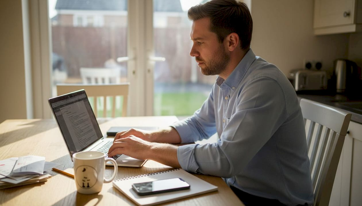 UK business owner managing search ads at table
