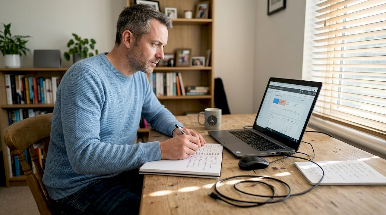 Business owner reviewing Google Ads results at desk