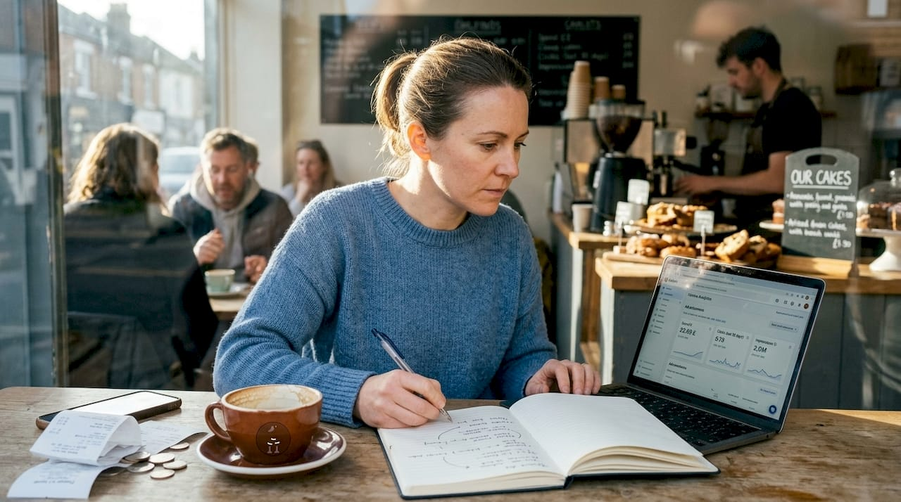 Café owner reviews digital ad results on laptop