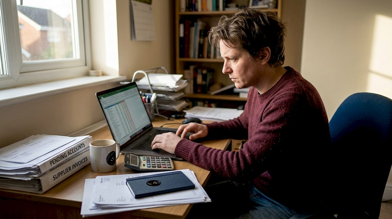 Owner reviews ad budget in home office