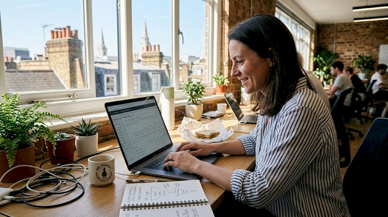 Woman working on Google search ads in office